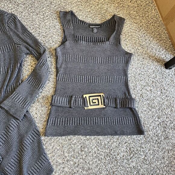 FRANK LYMAN Open Front Textured Knit Cardigan + Tank Top Set Gray Asymmetrical 8 - Picture 2 of 6